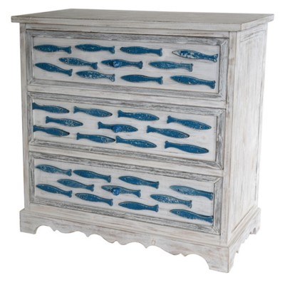 34" Distressed White and Blue Finish Fish Accented Drawer Cabinet