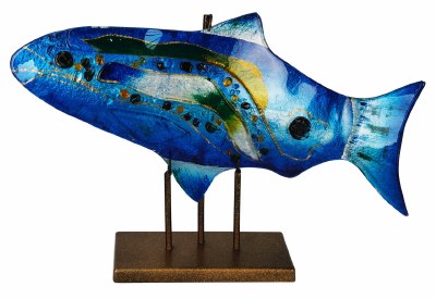 18" Blue Glass Fish on a Gold Stand