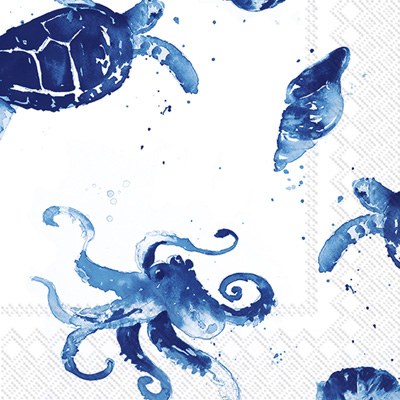 5" Square Blue and White Under the Sea Beverage Napkins