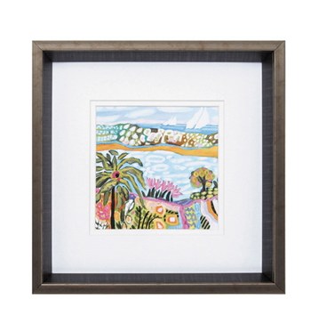 12" Square Multicolored Palm Tree with Bird Framed Under Glass