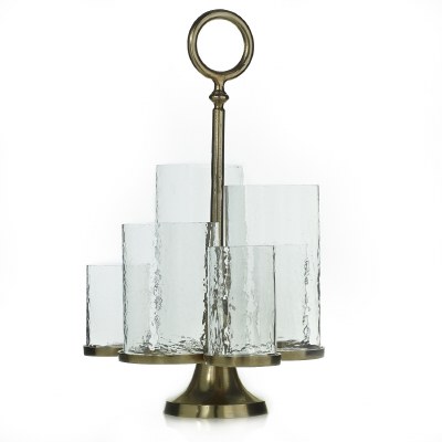 25" Distressed Brass Finish Candleholder with Six Glass Hurricanes