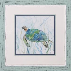 21' Square Blue and Green Sea Turtle Back Framed Under Glass