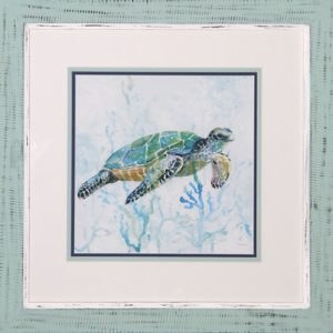 21" Square Blue and Green Sea Turtle Framed Under Glass