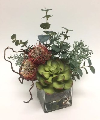 16" Faux African Protea Eucalyptus in Square Glass Vase