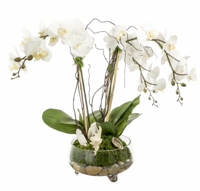 25" Faux Three White Orchids with Rock in Shallow Glass Bowl