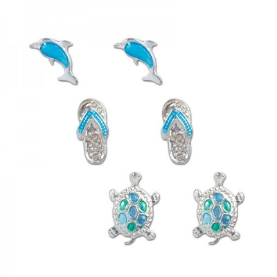 Set of Three Aqua Coastal Stud Earrings