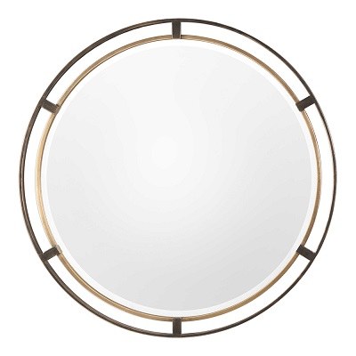 36" Round Distressed Bronze and Gold Metal Finish Frame Mirror