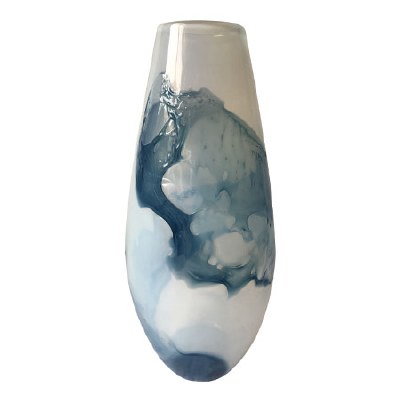 17" White and Blue Splash Glass Vase
