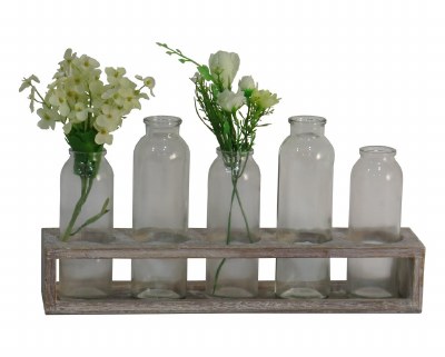 Set of Five Glass Bottles with Wood Holder