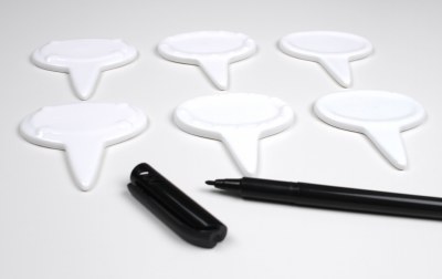 Set of Six White Porcelain Cheese Labels and Black Ink Pen