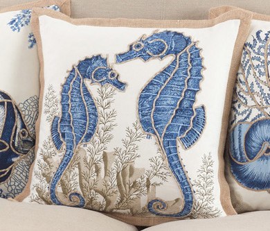 20" Square Two Blue Seahorse Jute Pillow