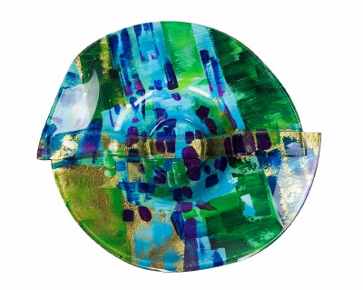 19" Round Blue, Green, and Gold Abstract Glass Bowl