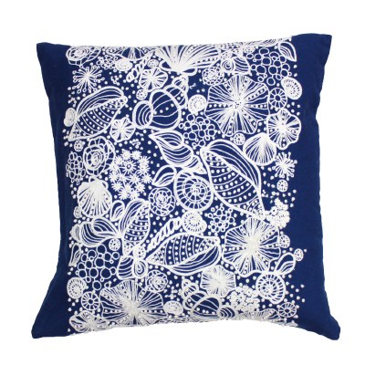 18" Square Navy and White Embroidered Shell Pillow