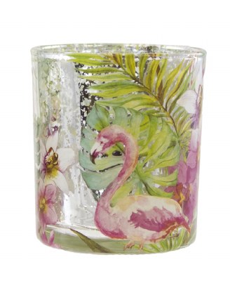 Set of Two 3" Flamingos and Orchids Glass Votive