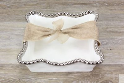 7" Square White and Silver Beaded Ceramic Beverage Napkin Holder  by Pampa Bay