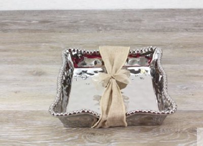 9" Square Silver Beaded Ceramic Lunch Napkin Holder  by Pampa Bay