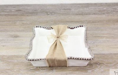 9" Square White and Silver Beaded Ceramic Lunch Napkin Holder  by Pampa Bay