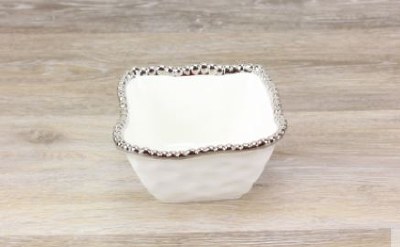 5" Square White and Silver Beaded Ceramic Bowl by Pampa Bay