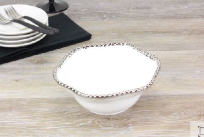 6" Round White and Silver Beaded Ceramic Bowl  by Pampa Bay