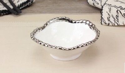 5" Round White and Silver Beaded Ceramic Bowl  by Pampa Bay