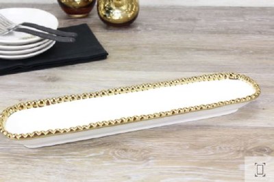14" White and Gold Beaded Ceramic Cracker Tray  by Pampa Bay