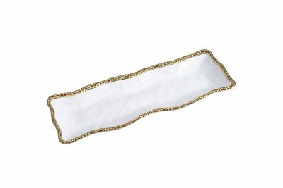 19" White and Gold Beaded Ceramic Tray by Pampa Bay