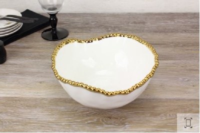 11" Round White and Gold Beaded Ceramic Bowl  by Pampa Bay