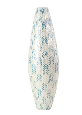 34" White and Blue Mother Of Pearl Mosaic Vase