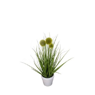 14" Green Faux Pompon Grass in White Pot