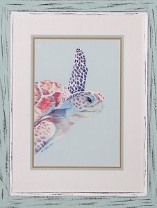 25" x 21" Aqua Framed Sea Turtle Print 2 Under Glass