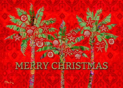 5.5" x 7.75" Box of 14 Red with Green Palms Merry Christmas Cards