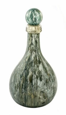 17" Dark Green and Gold Caribe Painted Glass Bottle with Top