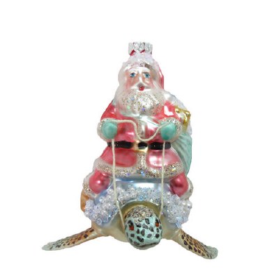 5" Multi Colored Santa on Sea Turtle Glass Ornament