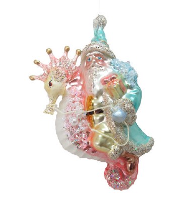 6" Multi Colored Santa on Seahorse Glass Ornament