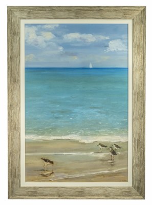42" x 30" Sunday At The Shore with Four Sandpipers Gel Textured Coastal Print in Wood Frame
