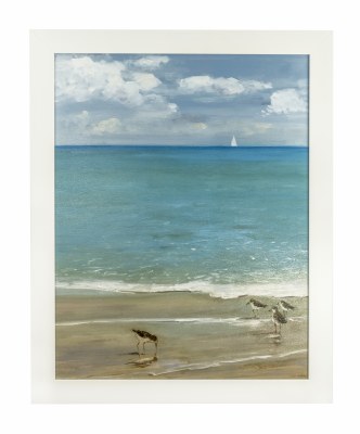 32" x 26" Sunday Shore with Four Sandpipers Gel Textured Coastal in White Frame