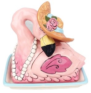 6" Pink Flamingo With Hat Ceramic Butter Dish