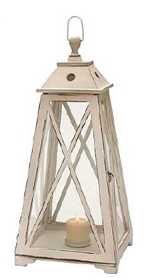 29" Distressed White Finish Glass and Wood Pyramid Lantern