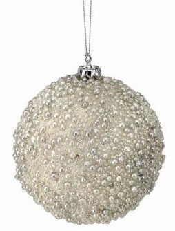 4" White Beaded Ball Ornament