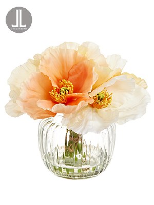 7" Faux Peach and Cream Poppies in a Glass Vase