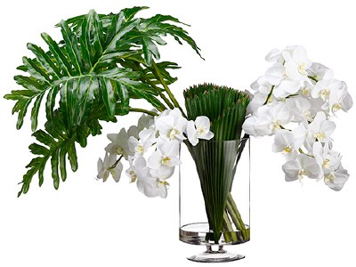 30" Faux White Orchids With Green Leaves in a Glass Vase