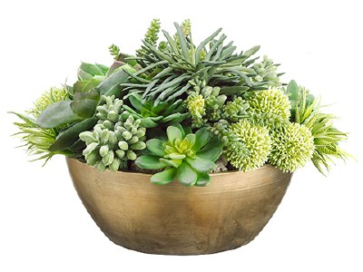 14" Faux Light Green Echevria/Succulent/Allium in a Metal Container
