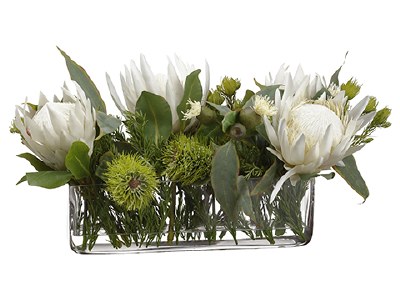 13" Faux Cream Protea, Eucalyptus, and Wolly in Glass Vase