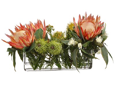 13" Faux Orange Protea/Eucaluptus in Glass Vase