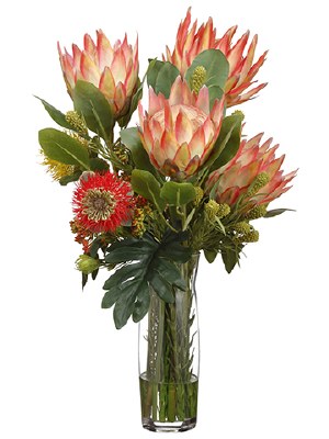 26" Faux Orange Protea/Leucopermum in Glass Vase