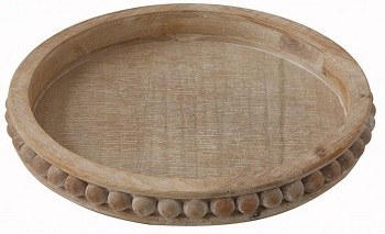 16" Round Beaded Whitewashed Brown Wood Tray