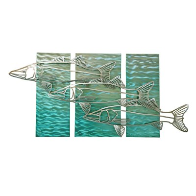 24 x 48 Silver Snook on Aqua Coastal Metal Wall Art Panels MM313