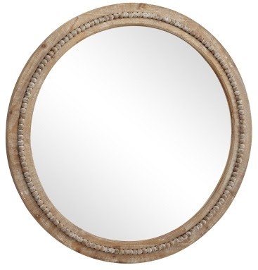 36" Round Beaded Whitewash Natural Wood Mirror