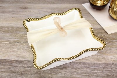 7" Square White and Gold Beaded Beverage Napkin Holder by Pampa Bay