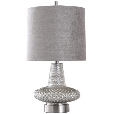 29" Silver Bumpy Glass Lamp With A Grey Shade